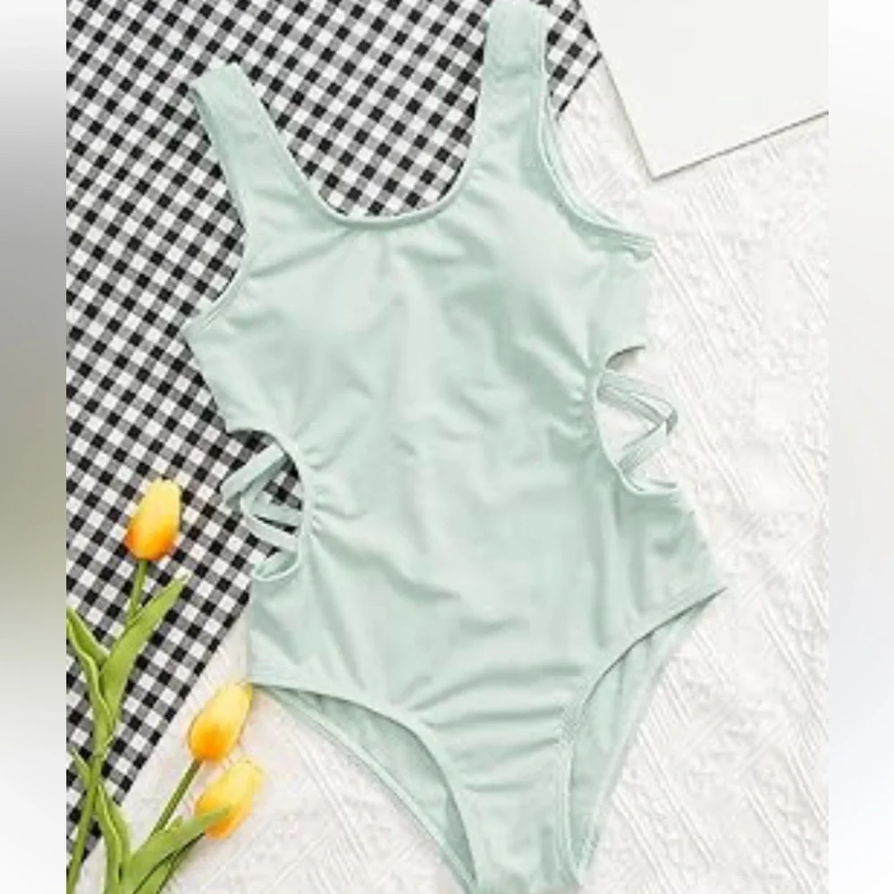 Girls Swimwear Mint Green Ribbed Knit One Piece Cut Out Swim Bathing Suit 14